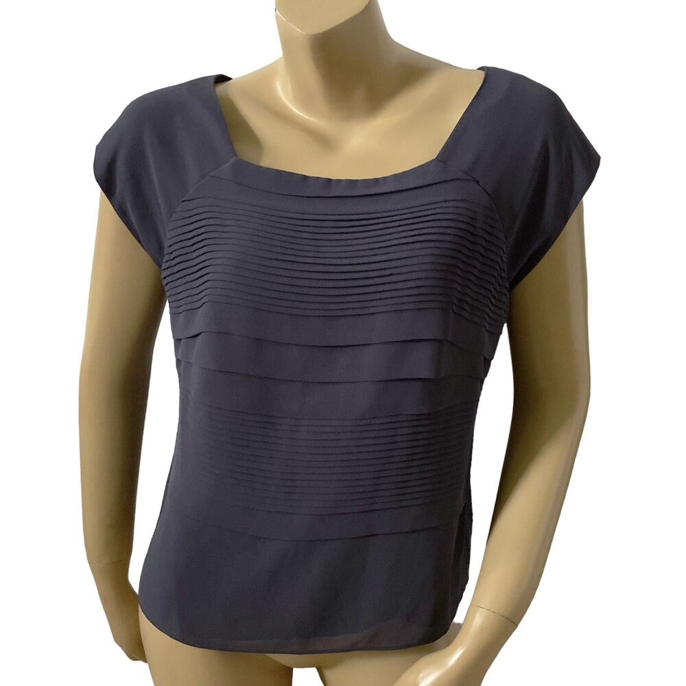 Jacques Vert Pleated Blouse Womens Size US 10 Gray Square Neck Lined Zip Top